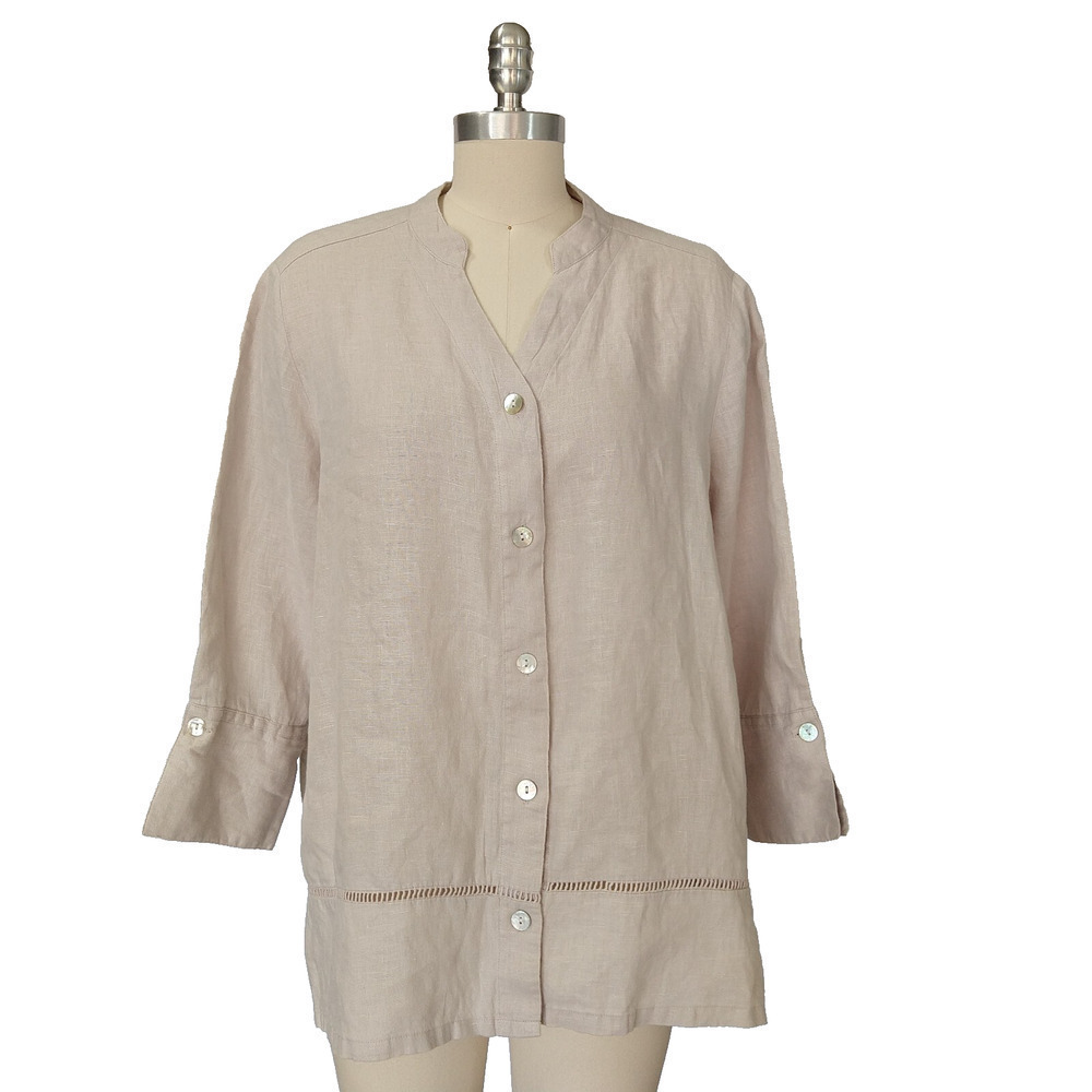 Symple NYC Linen Tunic Top Size L Natural 3/4 Sleeve V Neck Blouse Button Down